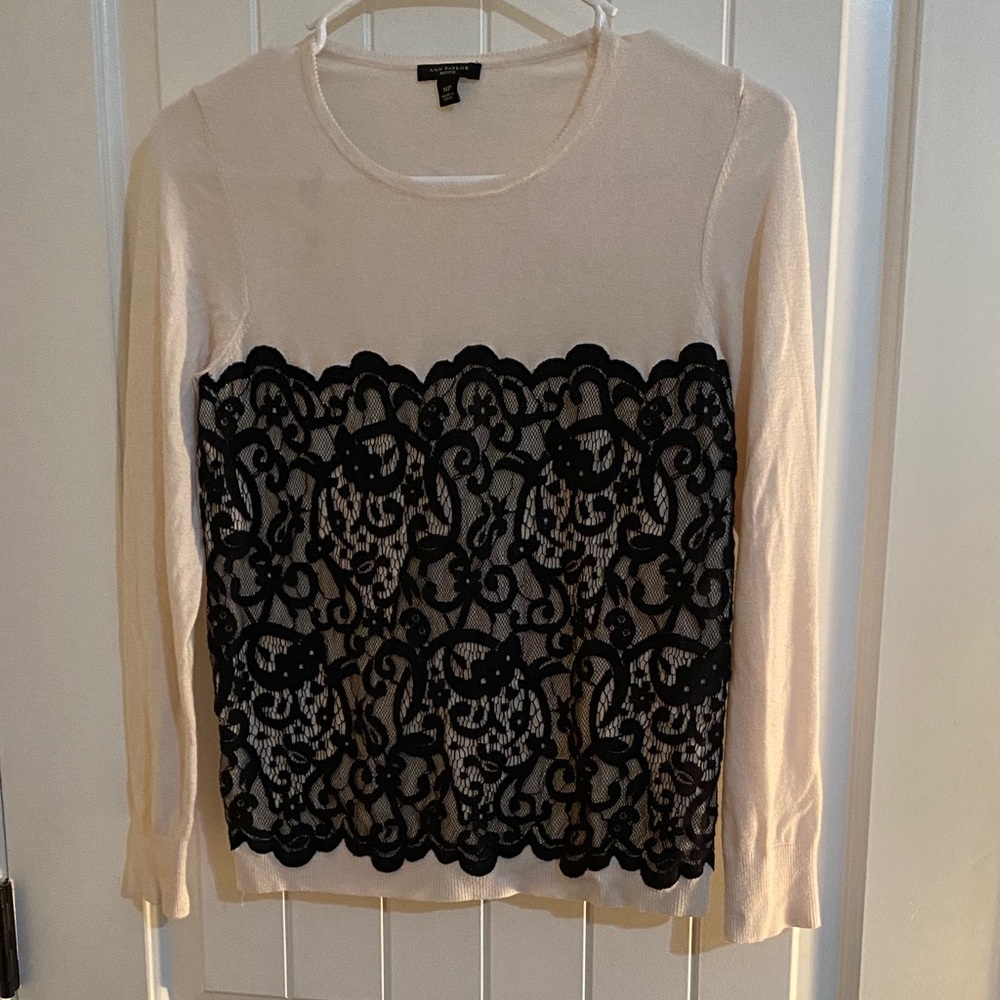 Ann Taylor Cream and Black Lace Long Sleeve Top